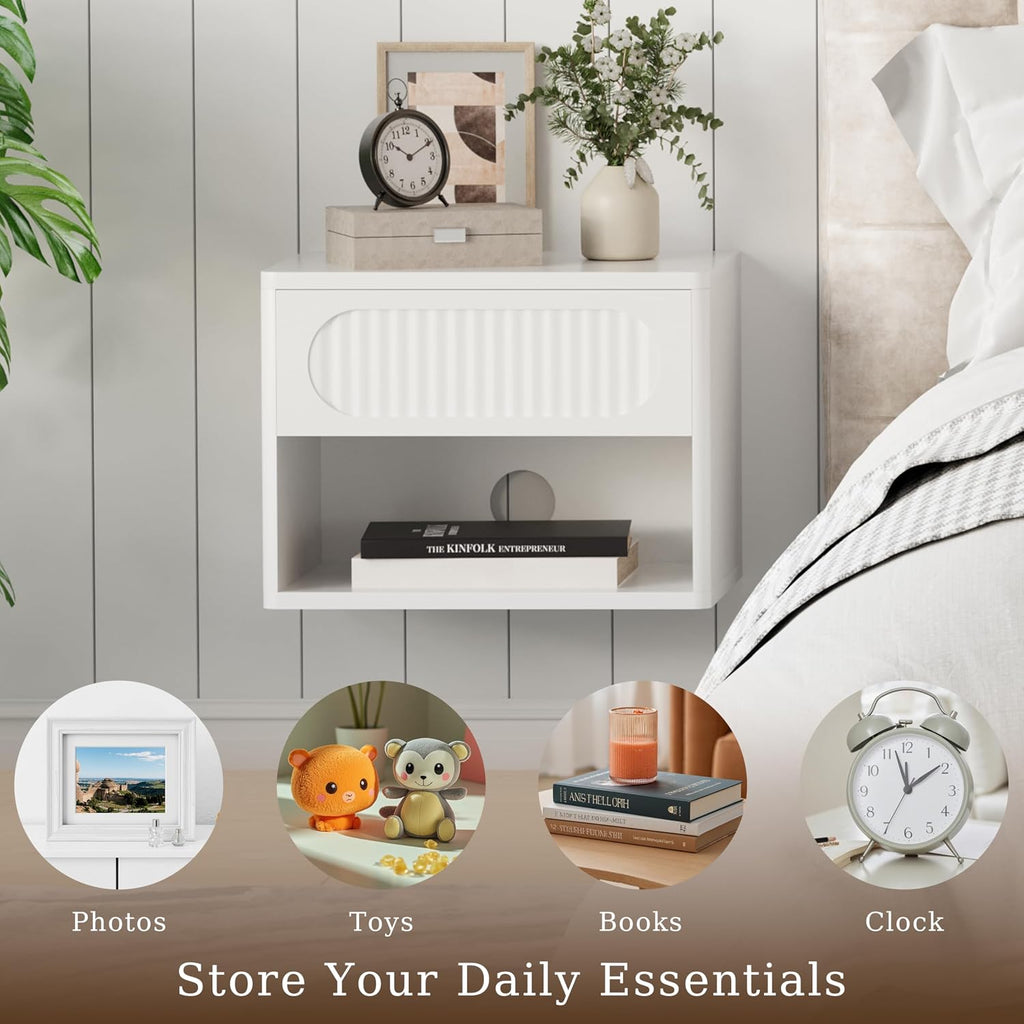 VDNEND Floating Nightstands with Drawer Set of 2, Modern Wall Mounted Bedside Tables for Bedroom, Space Saving Storage Cabinets, Easy Install Hanging Shelf Night Stands for Small Spaces (White)