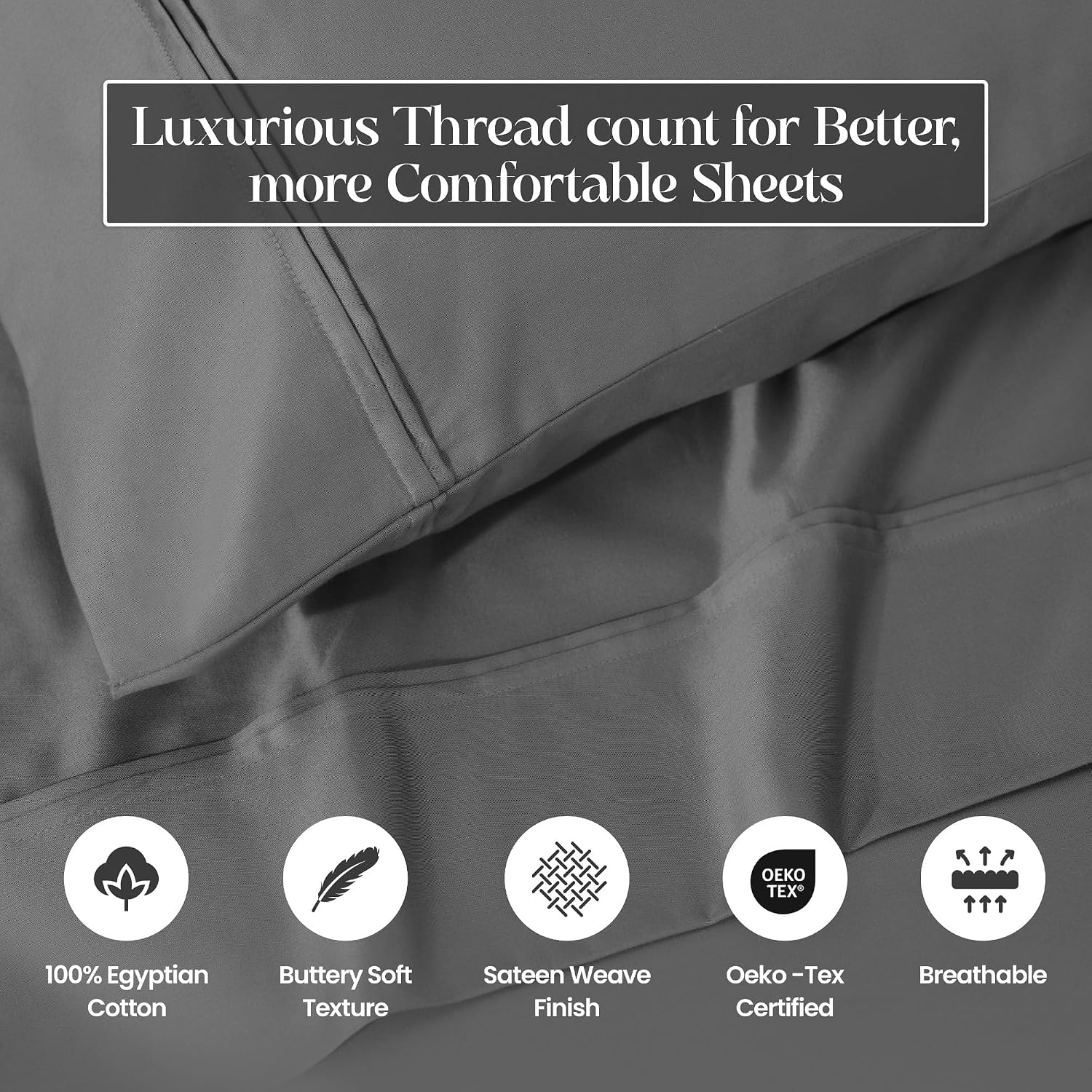 Superior 1200 Thread Count Egyptian Cotton Sheet Set, Bedroom Sheets, Modern Home Essentials, Luxury Bedding, 1 Elastic Deep Pocket Fitted Bed Sheet, 1 Flat Sheet, 2 Pillowcases, King, Charcoal