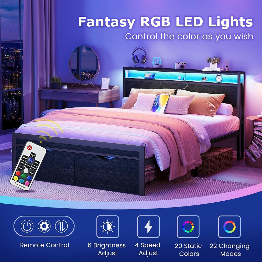 FAVOOSTY Queen Bed Frame with 2-Tier Headboard, Metal Platform with 2 Storage Drawers, LED Lights and Charging Station, Noise Free, No Box Spring Needed, Easy Assembly, Black