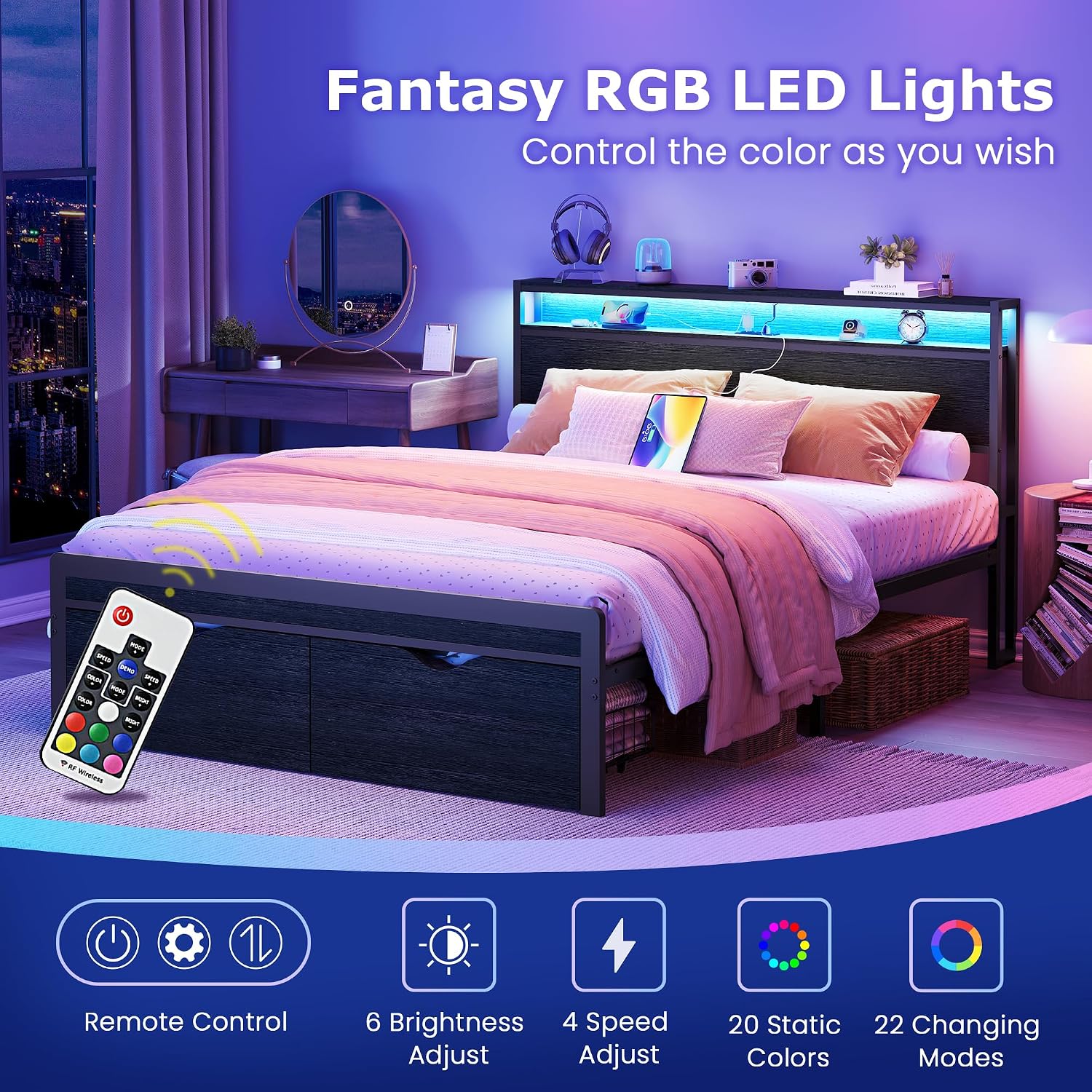 FAVOOSTY Queen Bed Frame with 2-Tier Headboard, Metal Platform with 2 Storage Drawers, LED Lights and Charging Station, Noise Free, No Box Spring Needed, Easy Assembly, Black