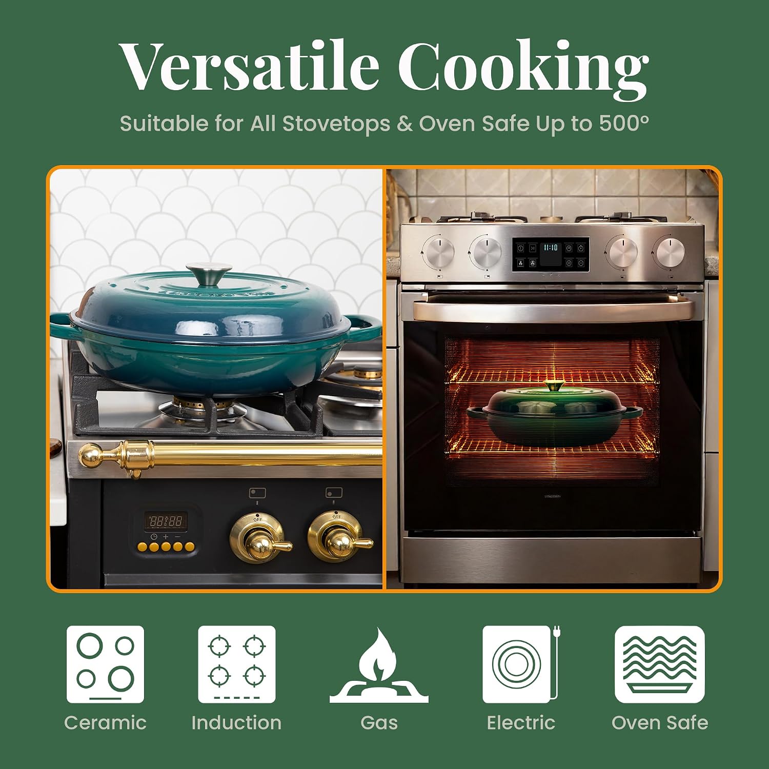 Larder & Vine Enameled Cast Iron Braiser | 3.6 qt Braiser Pan with Lid | Shallow Dutch Oven Compatible on All Cooktops | Casserole Dish Oven Safe to 500° F | Dual Handles | Bondi
