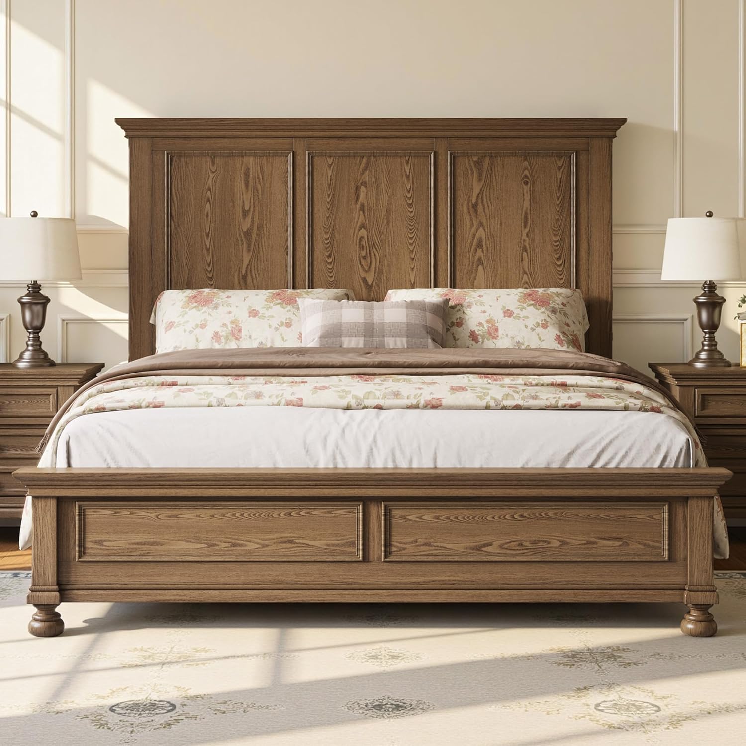 AMERLIFE Solid Wood Queen Bed Frame with 65.2' High Headboard, Traditional Platform Bed with Heavy Duty Slats, No Box Spring Needed, Easy Assembly, Light Brown