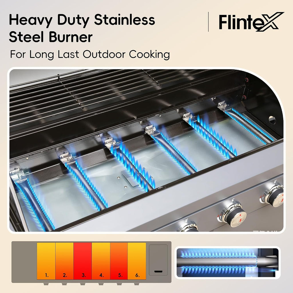 Flintex 6-Burner Propane Gas Kitchen Grill Island with Side Burner,72,000 BTU Stainless Steel BBQ Outdoor Griddle Grill Combo with LPG/NG Convertible and Storage Cabinets & Fold-out Table, Gray