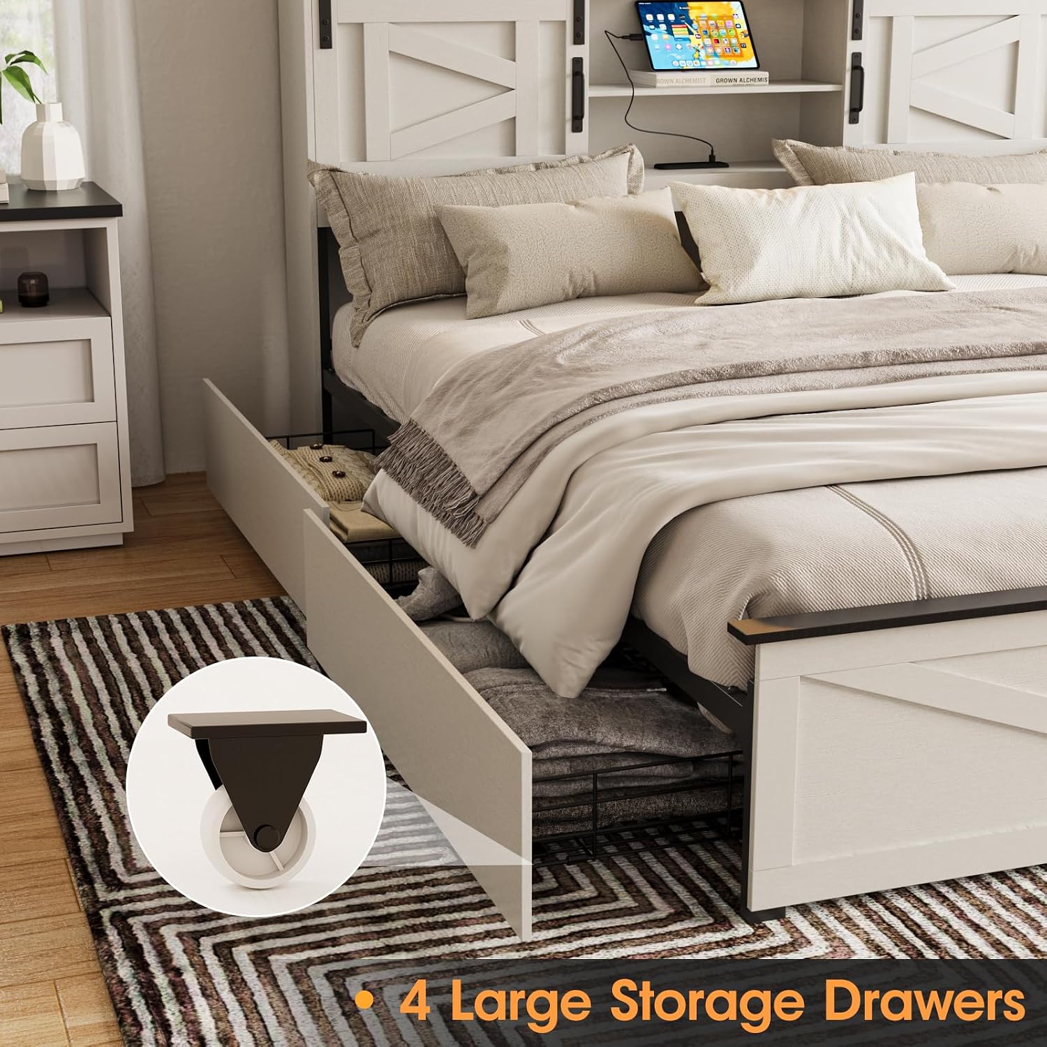 Fameill Farmhouse King Size Bed Frame with 4 Drawers and Bookcase Headboard, Sliding Barn Door Storage Shelves, LED Lights and Charging Station, No Box Spring Needed, Antique White