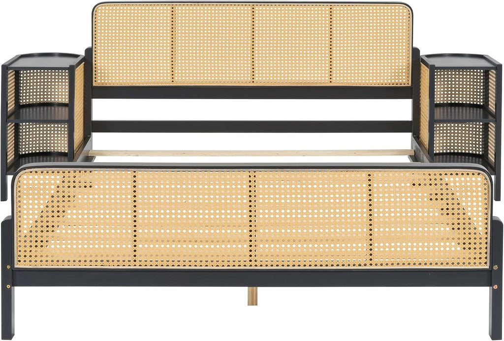 3-Pieces Bedroom Furniture Sets,Full Size Rattan Platform Bed with 2 Nightstands, Perfect for Teens Adults (Espresso/Rattan, Full)