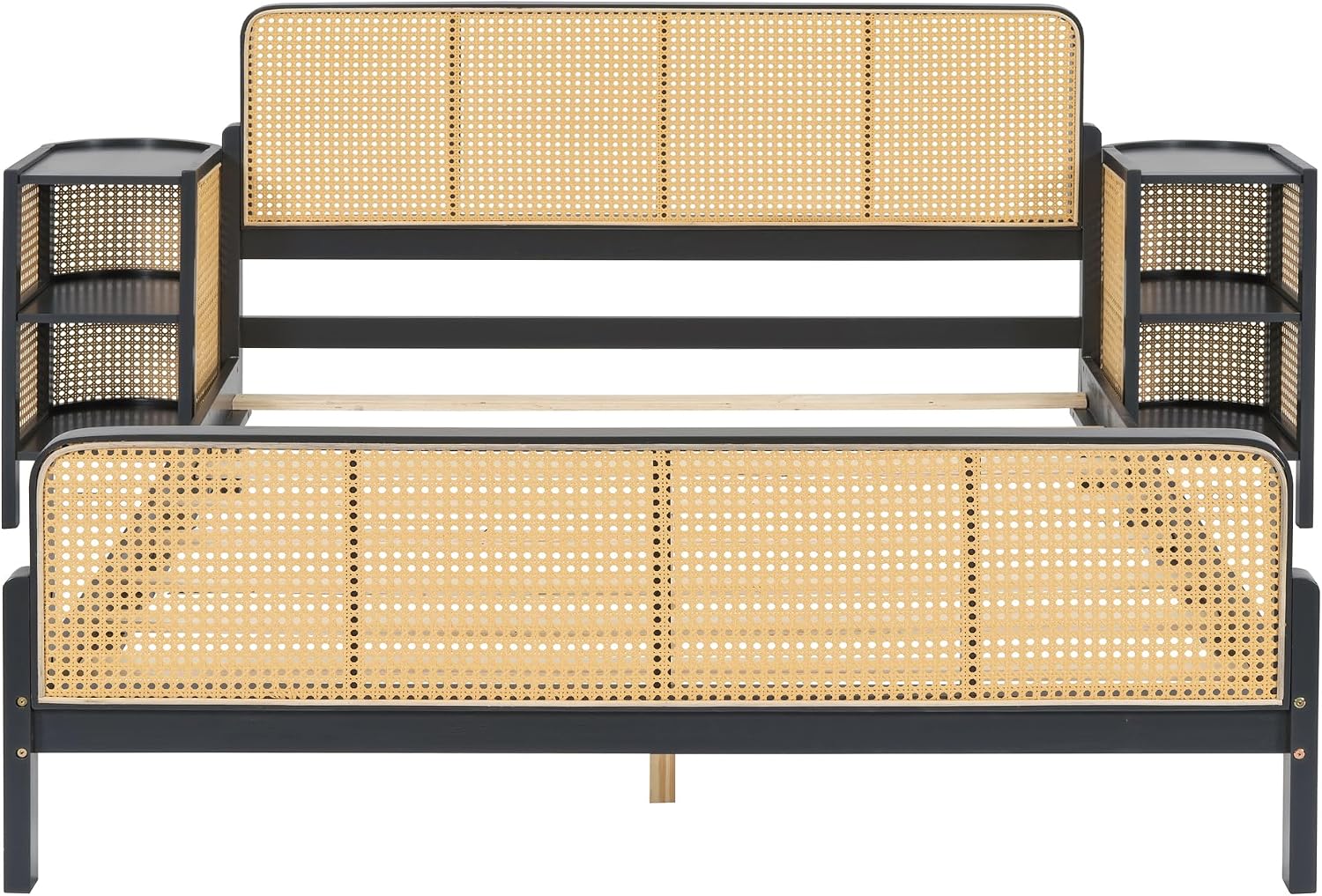3-Pieces Bedroom Furniture Sets,Full Size Rattan Platform Bed with 2 Nightstands, Perfect for Teens Adults (Espresso/Rattan, Full)