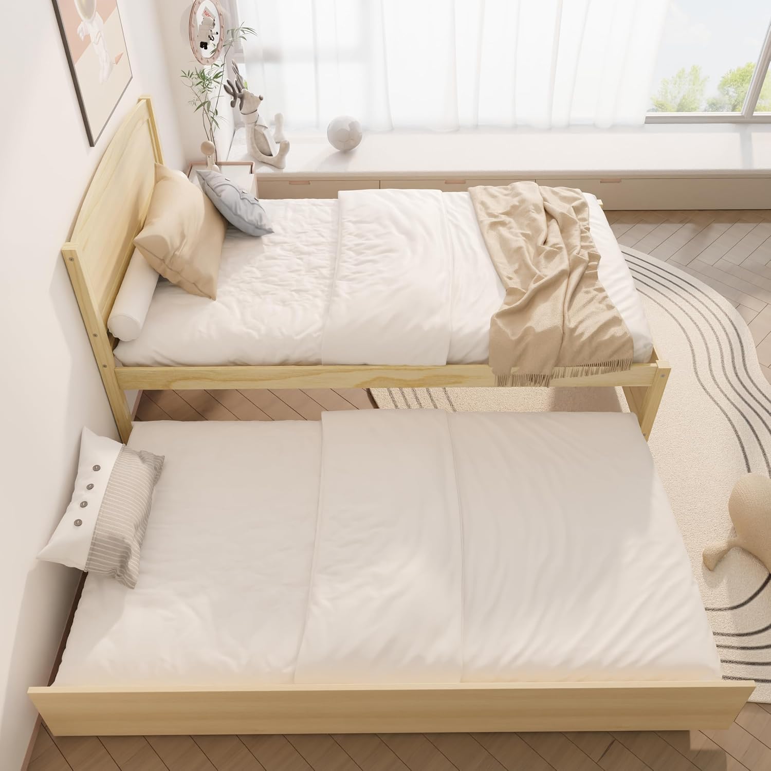 Xilingol Trundle Bed Twin, Solid Wood Beds Frames with Headboard and Wooden Slats Support, Twin Trundle Beds Frame Roll Out, Single Box Bed (No Box Spring Needed), Natural