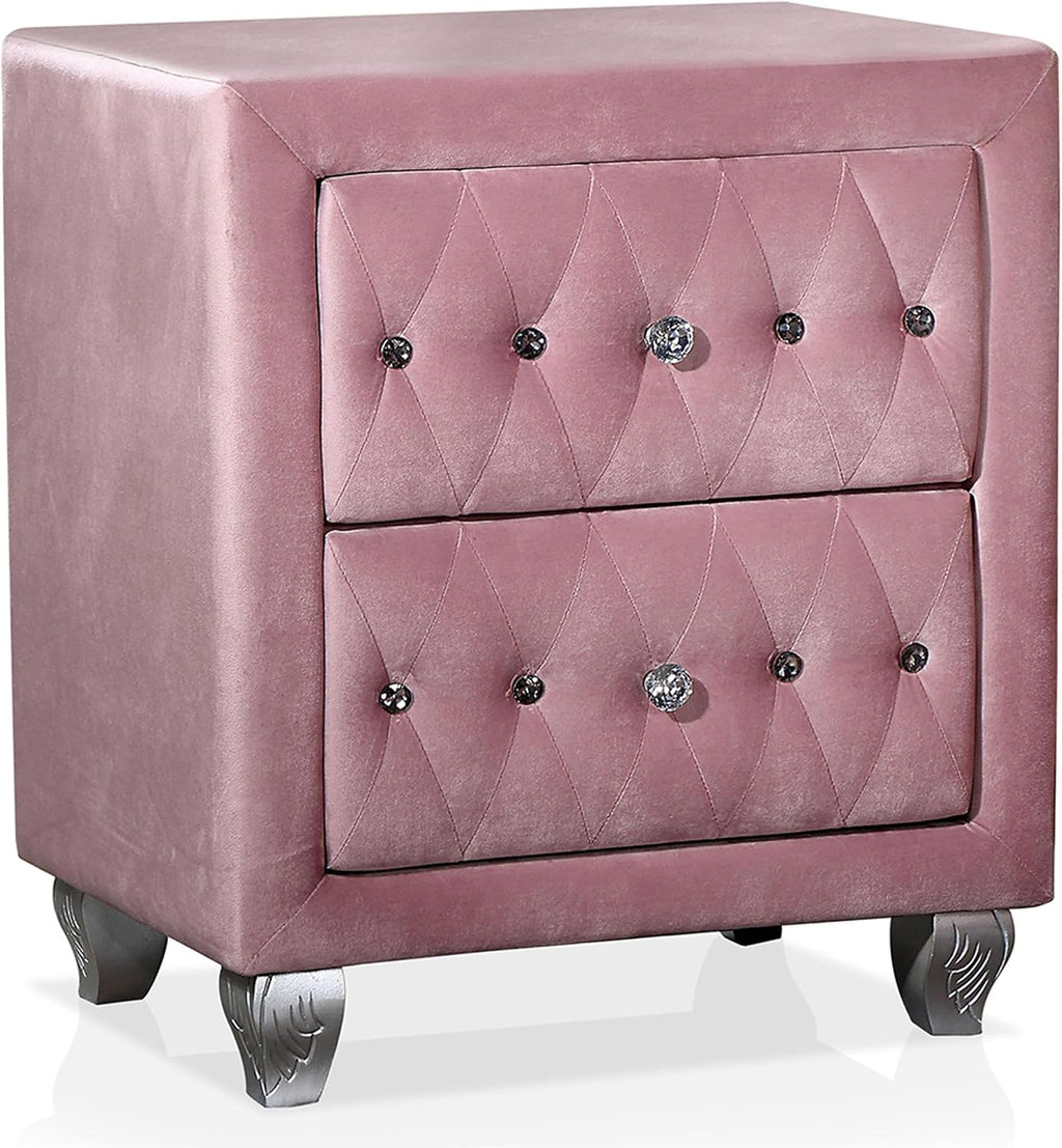 Furniture of America FOA Cyndi 3pc Pink Fabric Bedroom Set- Full + 2 Nightstands and Care Kit