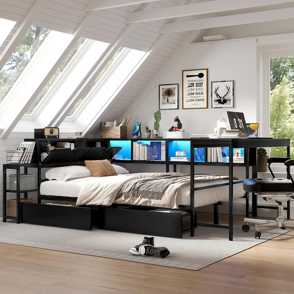 Bellemave Twin Corner Bed Frame with Desk and Storage, Twin Captains Beds with Charging Station,LED Light, Wood Daybeds with L-Shaped Bookcase and 2 Drawers, Black