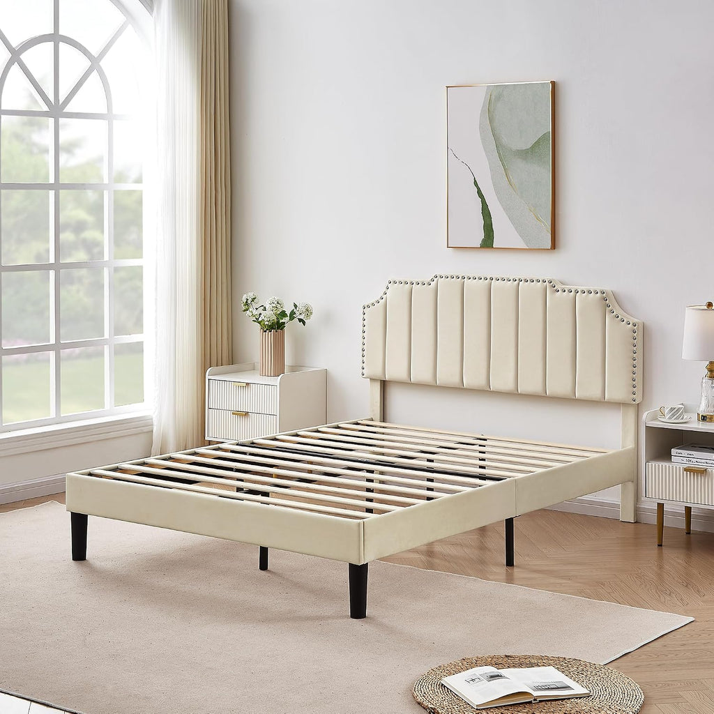 VECELO Queen Velvet Upholstered Platform Bed Frame with Tufted Adjustable Headboard/Mattress Foundation/Wooden Slat Support/Under Bed Storage Space/No Box Spring Needed/Easy Assembly