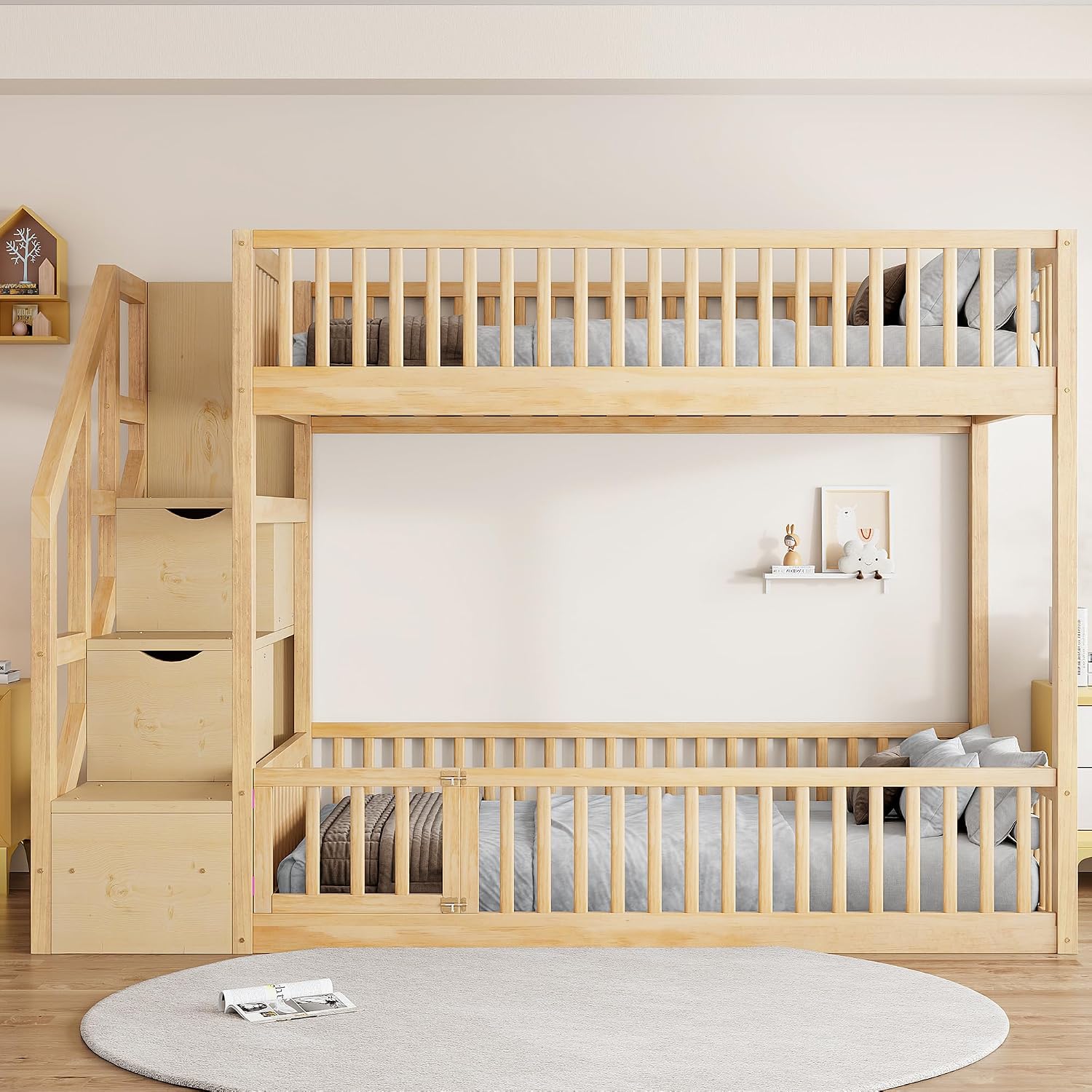 Full Over Full Floor Bunk Bed with Storage Ladder and Guardrails,for Kids Teens Adults (Natural#FF, Full Over Full)