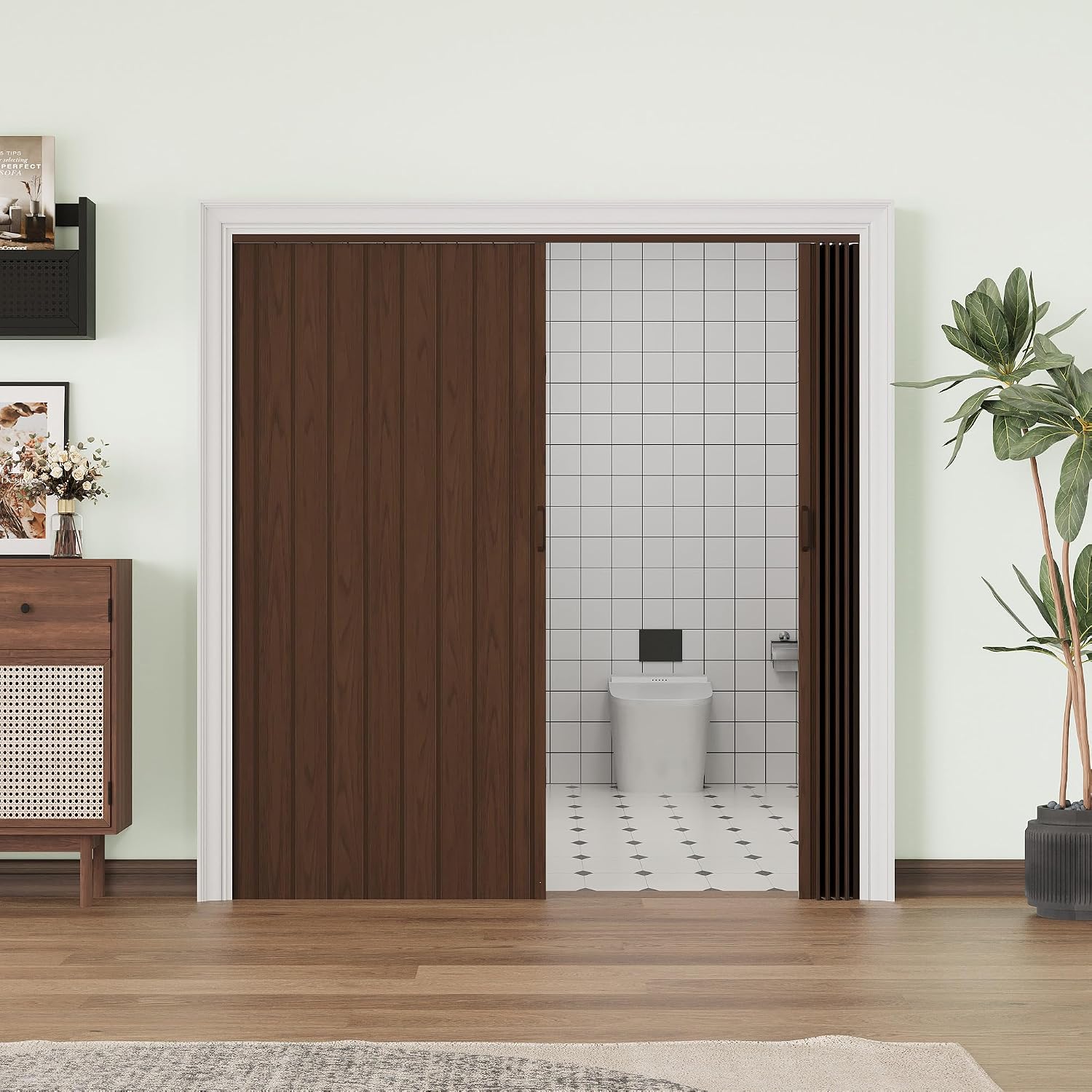 Accordion Doors 48'-72' x 80', with Upgraded Roller & Handle & Complete Hardware, Interior Multifold Folding Doors for Closet & Pantry, Easy Installation - Walnut, Single Layer