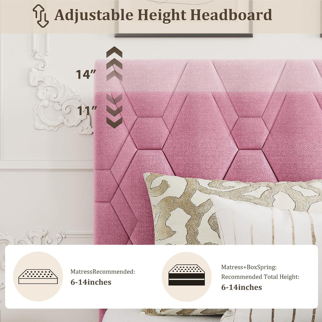 GarveeHome Pink Full Bed Frame with Upholstered Headboard, Heavy-Duty Platform Bed Frame with Strong Wood Slats, No Box Spring Needed/Noise Free/Easy Assembly