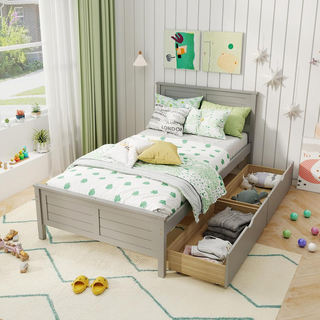 KOMFOTT Twin Size Wood Bed Frame with 2 Storage Drawers, Mid Century Platform Bed Frame with Headboard, Sturdy Wooden Slats Support, Modern Mattress Foundation, No Box Spring Required, Easy Assembly