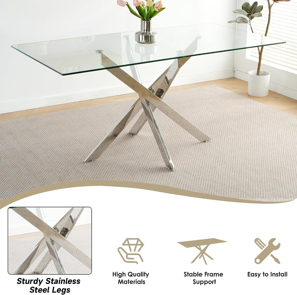 7 Pcs Modern Clear Glass Dining Table Set, 63'' Luxury Rectangular Kitchen Table Set, 6 Person Minimalist Dinner Room Table Set with Clear Acrylic Chair, for Bedroom Large Apartment (Silver)