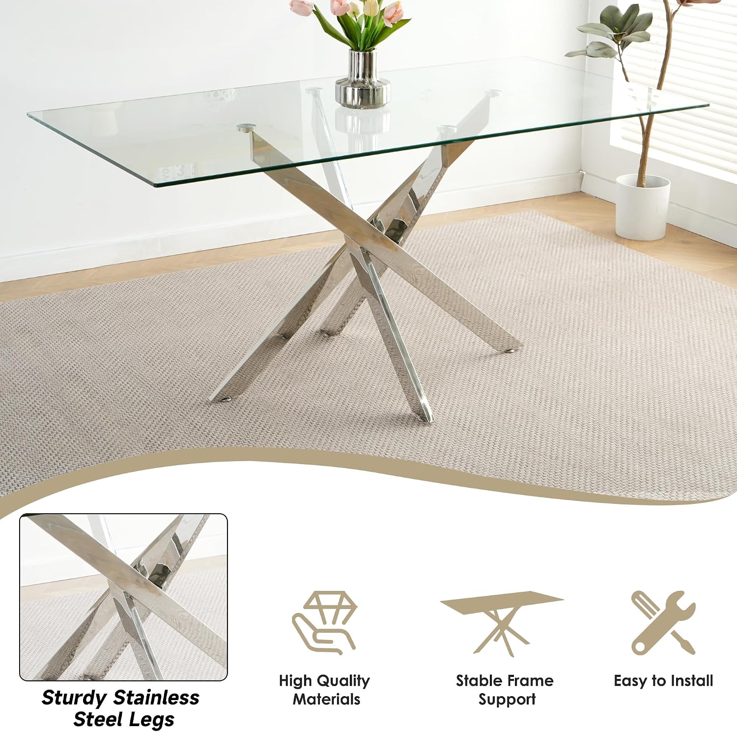 7 Pcs Modern Clear Glass Dining Table Set, 63'' Luxury Rectangular Kitchen Table Set, 6 Person Minimalist Dinner Room Table Set with Clear Acrylic Chair, for Bedroom Large Apartment (Silver)