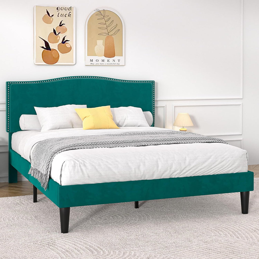 VECELO Queen Bed Frame, Platform Bed Frame with Adjustable Height Upholstered Headboard, Heavy-Duty Frames and Strong Wooden Slats Support, Non-Slip and Noise-Free, Easy Assembly, Dark Green