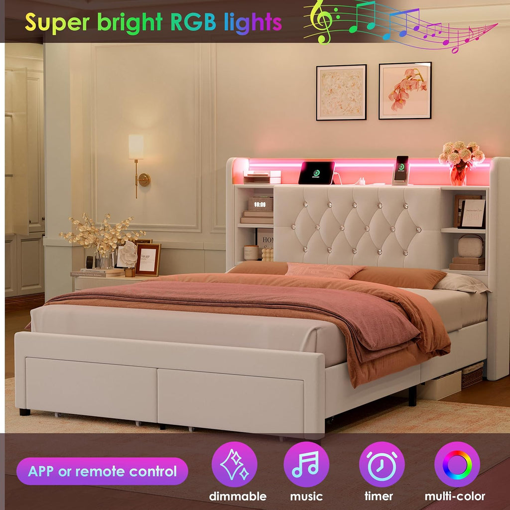 Queen Bed Frame with Drawers, Hidden-Cubby & Shelves Storage Headboard with Charging Station and LED Lights, Velvet Upholstered Platform Bed Solid Wooden Slats Support No Box Spring Needed, Beige