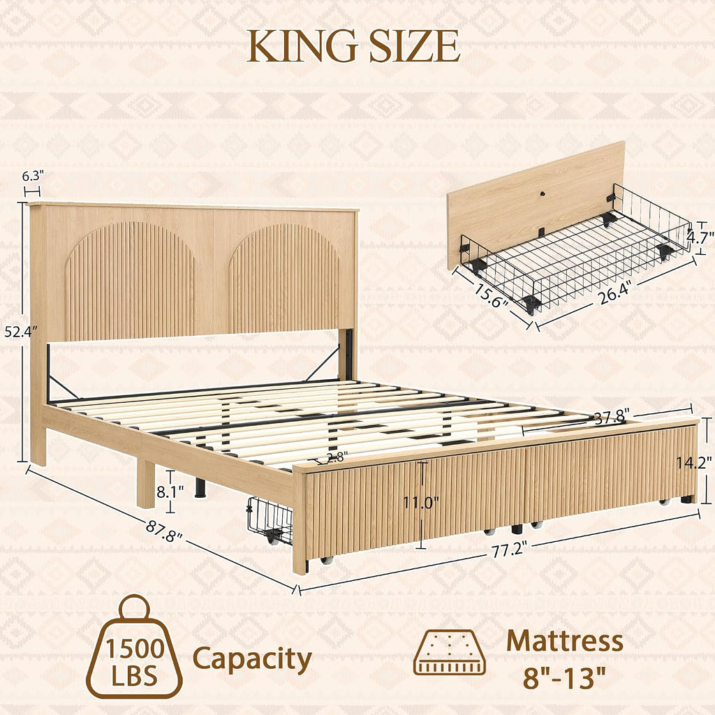 XIAO WEI Fluted King Bed Frame with 52.4' Tall Headboard, Bed Frame with Storage Drawers,Wooden Bed Frame with 8' Underbed Storage, No Box Spring Needed,Natural