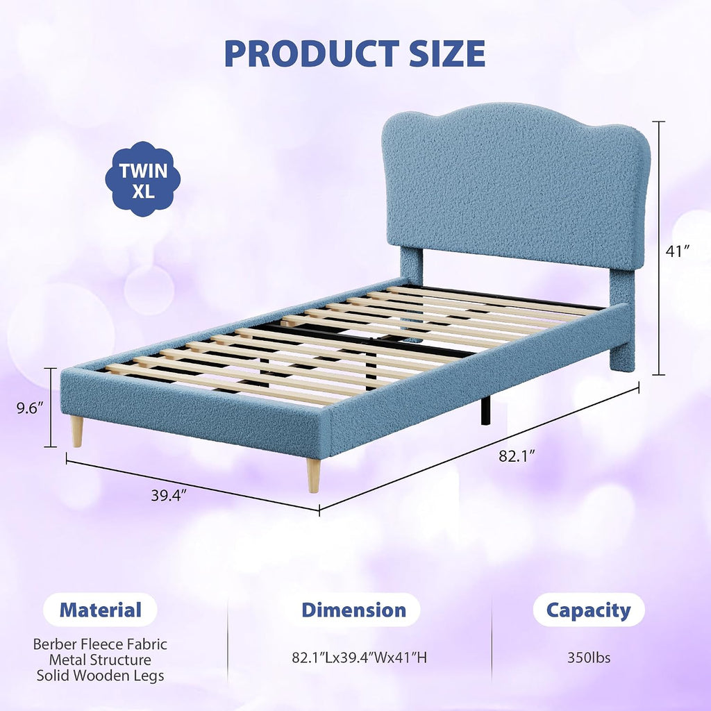GarveeHome Upholstered Twin XL Size Bed Frame for Kids with Scallop Headboard, Cute Velvet Twin XL Bed for Girls, Boys, Sturdy Platform Bed, No Box Spring Needed, Wooden Slats, Noise Free, Blue