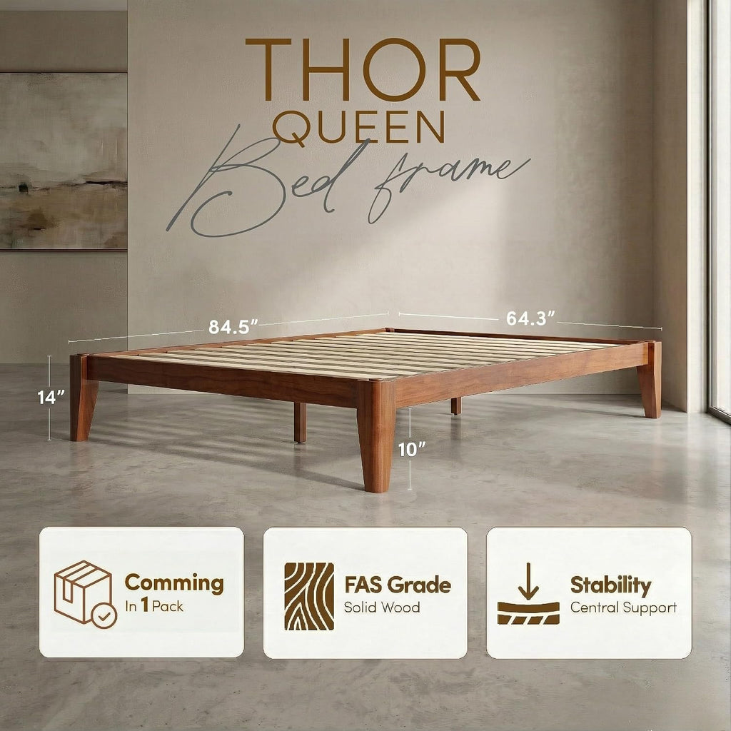 Thor Premium Solid Wood Bed Frame Queen, Japanese Joinery Bed Frame with Wood Slat Support, Platform Bed, No Box Spring Needed, Easy Assembly, Minimalist & Modern Style (Mahogany)