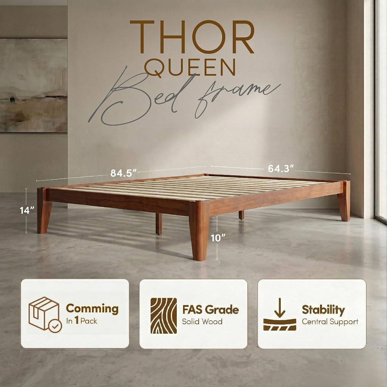 Thor Premium Solid Wood Bed Frame Queen, Japanese Joinery Bed Frame with Wood Slat Support, Platform Bed, No Box Spring Needed, Easy Assembly, Minimalist & Modern Style (Mahogany)