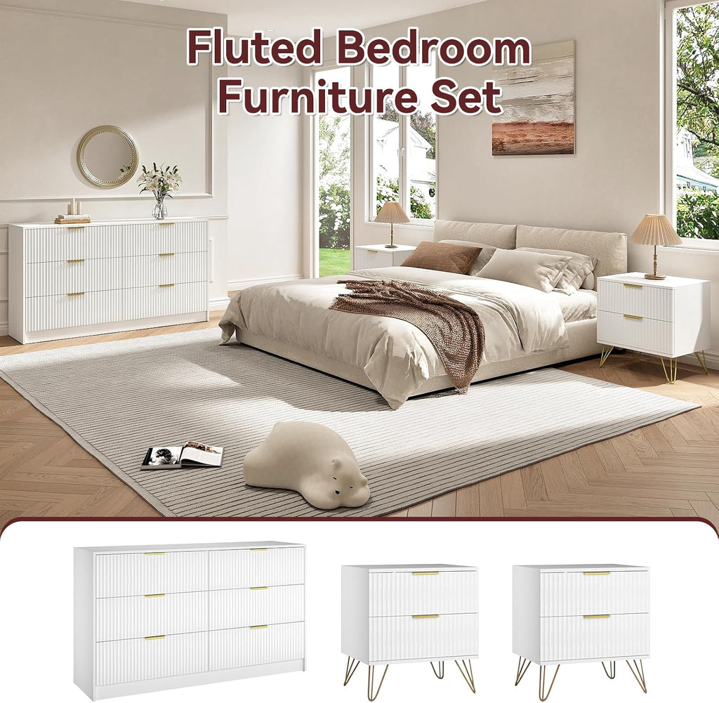 6 Drawer Dresser and Nightstand Sets for Bedroom, 3 Pcs Bedroom Set, Night Stand Set of 2 & 6 Drawer Dresser with Gold Handles, Modern Wood Chest of Drawers Storage Cabinet Set, White