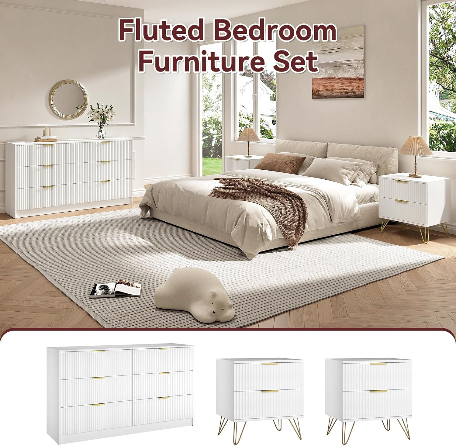 6 Drawer Dresser and Nightstand Sets for Bedroom, 3 Pcs Bedroom Set, Night Stand Set of 2 & 6 Drawer Dresser with Gold Handles, Modern Wood Chest of Drawers Storage Cabinet Set, White