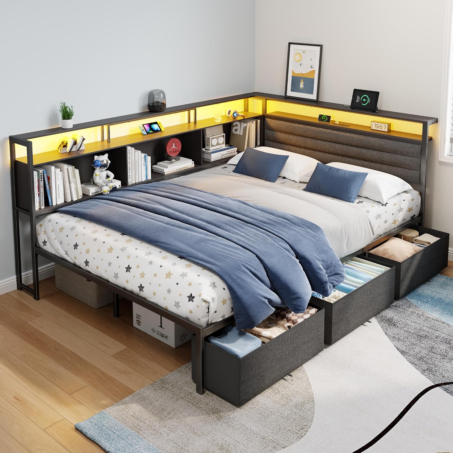 OURPIC Full Size Bed Frame with Headboard and Storage Drawers, Full Metal Platform Corner Bed Frame with Charging Station and LED Lights, Heavy Duty Strong Support Slats and Easy to Assemble, Black