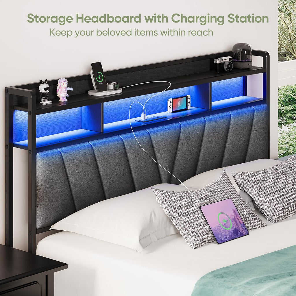 Queen Bed Frame with Wood Headboard, Metal Platform Bed with LED Lights & Charging Station, 2-Tier Storage Shelves, Sturdy and Easy Assembly, Under Bed Space, No Box Spring Needed, Noise Free, Black