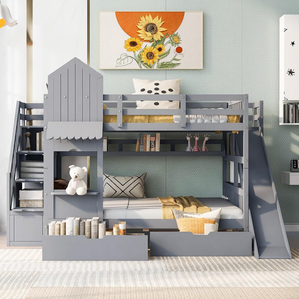 Harper & Bright Designs Full Over Full Bunk Bed with Stairs and Slide, Solid Wood Bunk Bed Frame with Storage Drawers and Bookshelves, for Kids Teens Adults- Gray