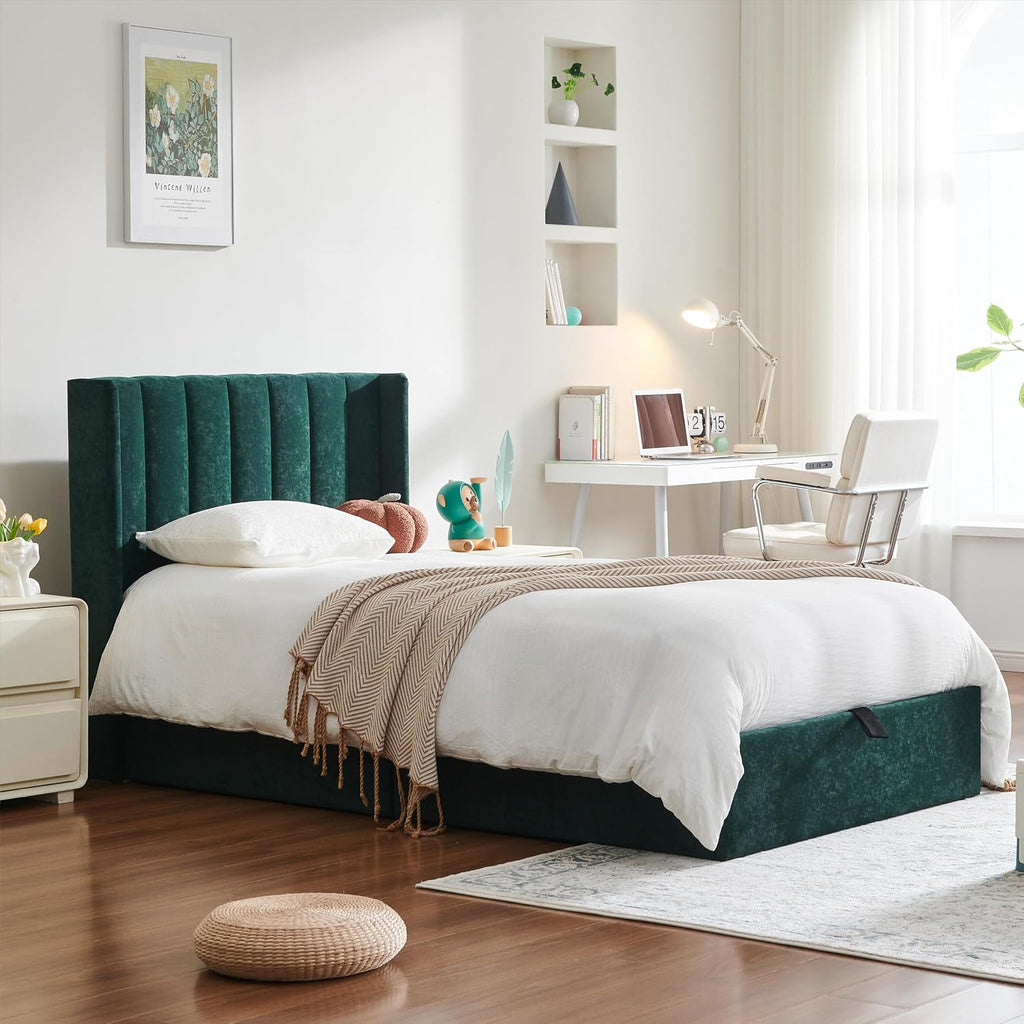 YUHUASHI Queen Size Hydraulic Storage Bed, Upholstered Platform Bed Frame, Modern Wingback Design Headboard, Velvet Fabric with Hydraulic Support Bars, No Box Spring Required (Ink Green, Twin)