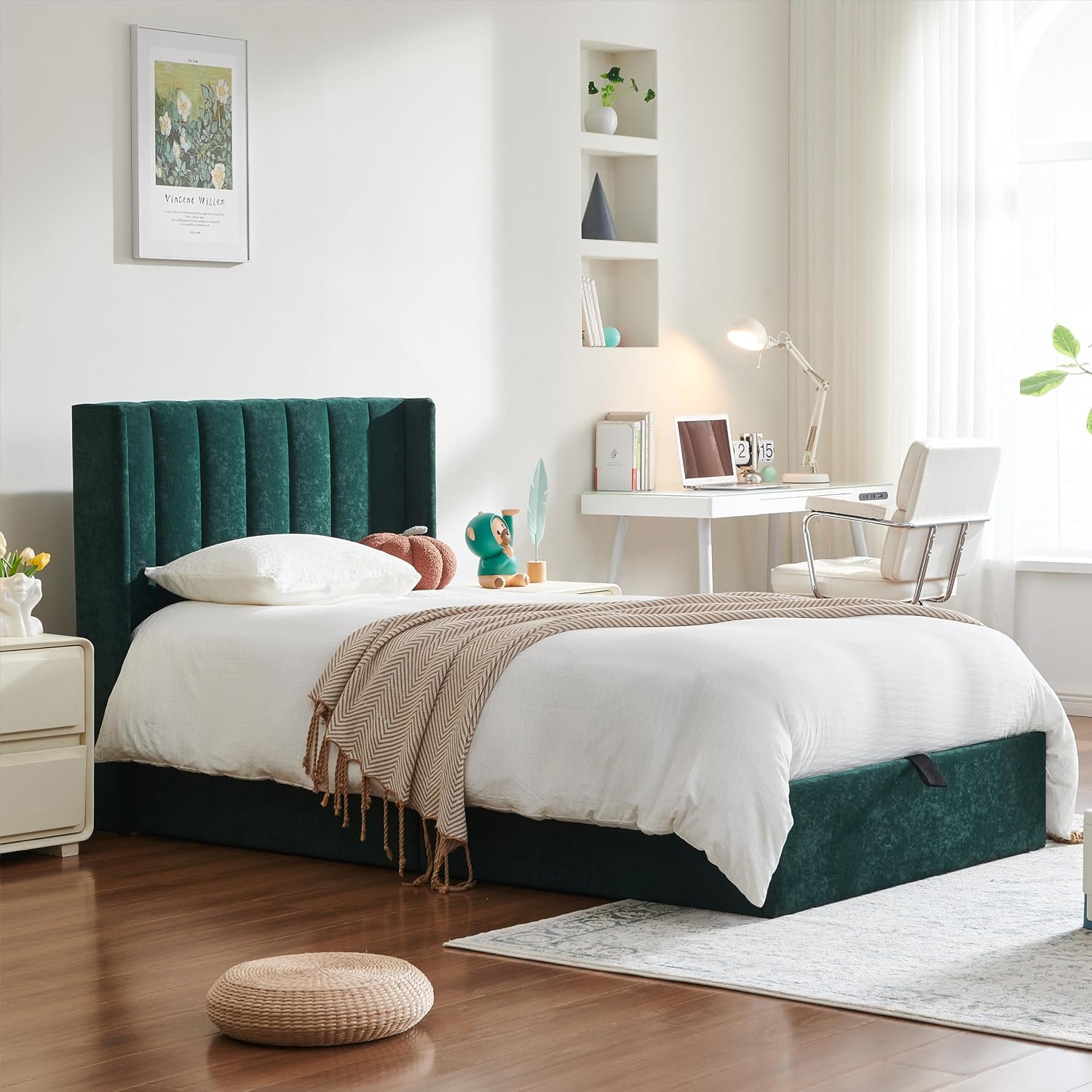 YUHUASHI Queen Size Hydraulic Storage Bed, Upholstered Platform Bed Frame, Modern Wingback Design Headboard, Velvet Fabric with Hydraulic Support Bars, No Box Spring Required (Ink Green, Twin)