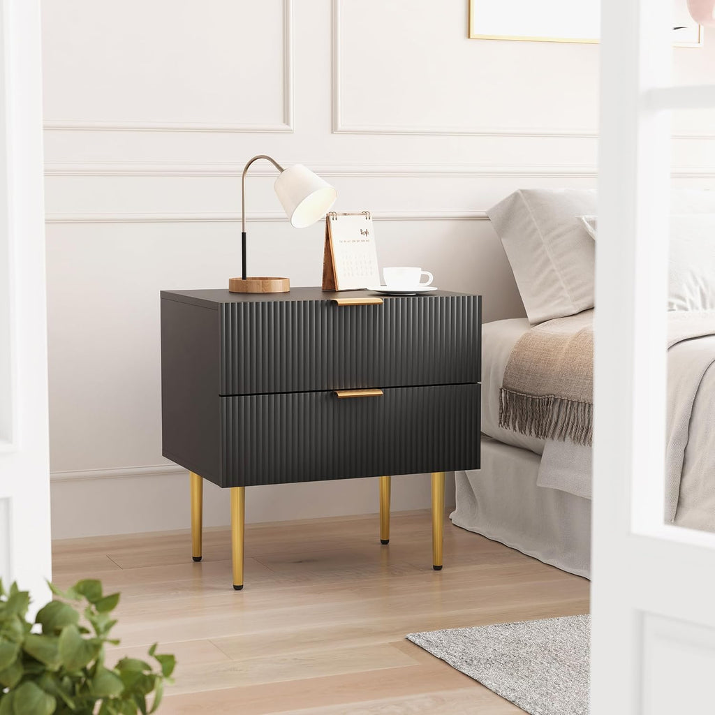 Smart FENDEE Set of 2 Nightstand, Black Mid Century Modern Night Stand with Fluted Panel, Bedside Table with 2 Drawer, Large NightStand with Gold Leg for Bedroom