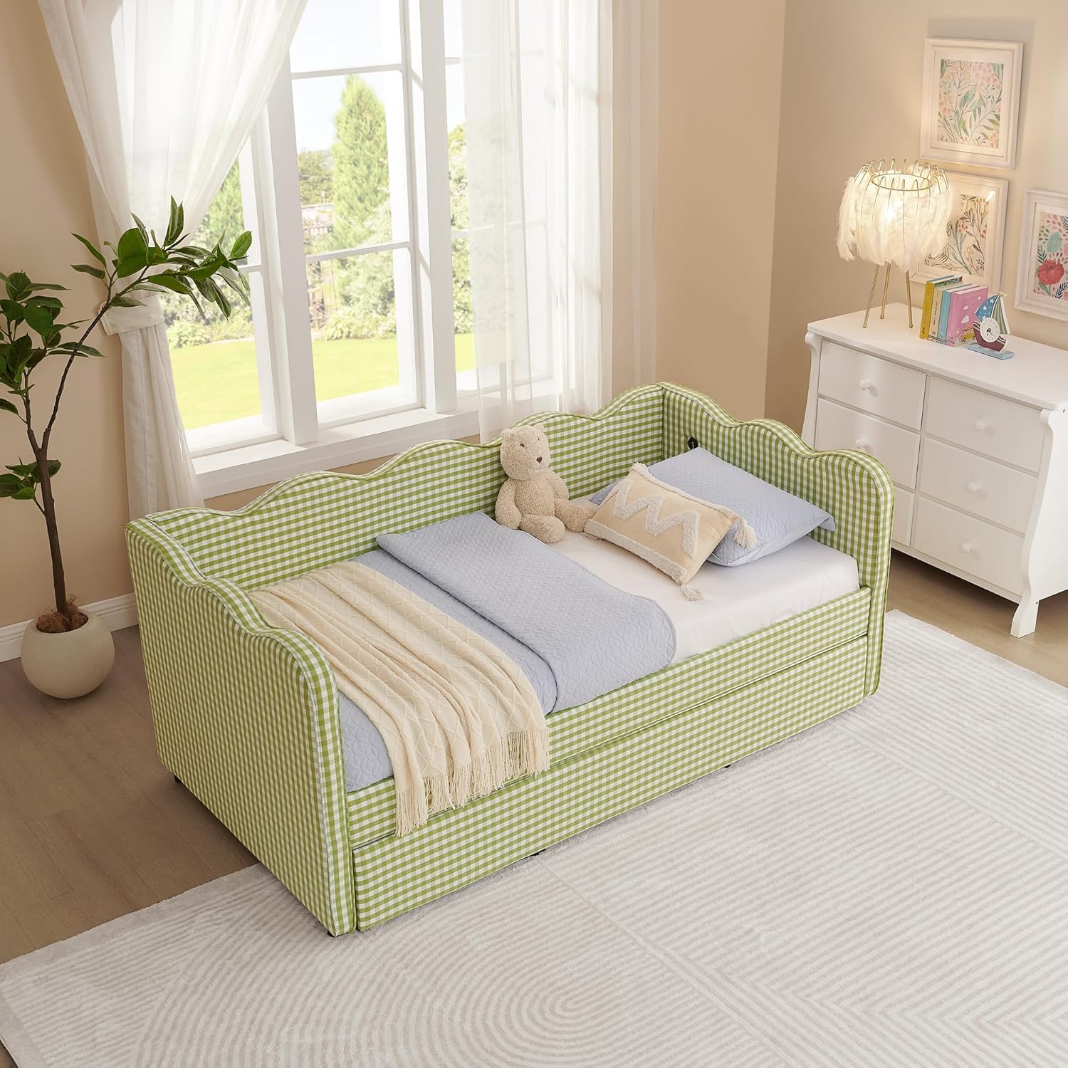 Twin to King Daybed with Trundle, USB Ports Soft Upholstered Daybed with Pop Up Trundle Bed Twin , Modern Extendable Day Bed Frame for Girls Bedroom Living Room Guest Room Small Places Sage Green