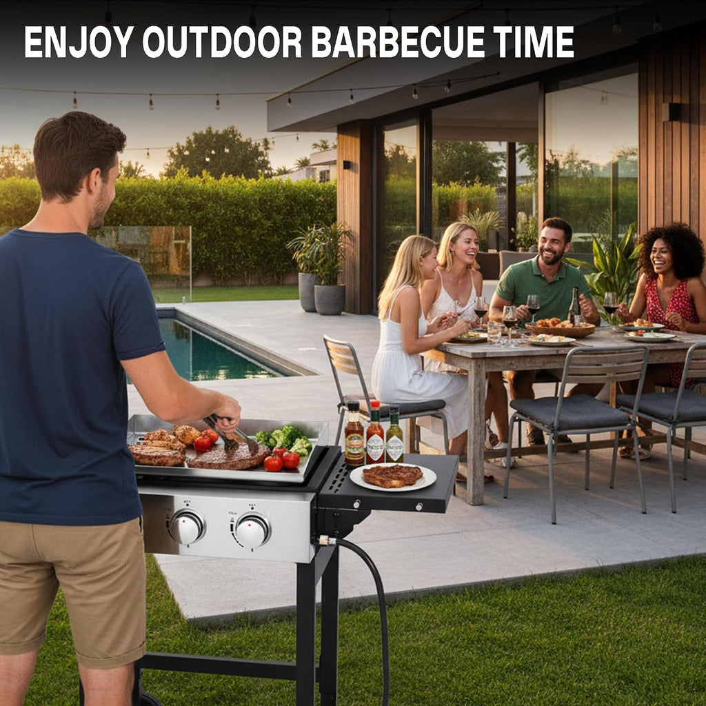 3-Burner Flat Top Grill with Folding Side Tables, Outdoor Griddle Grill with Storage Cover, 30,000 BTU Flat Grill with Stainless Steel Cooking Surface for BBQ, Camping, Tailgating