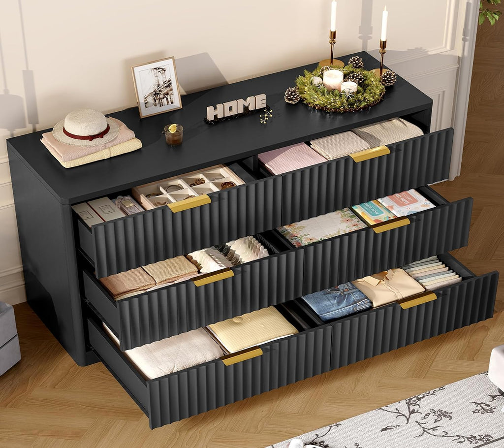 TEENFON Fluted 6 Drawer Dresser for Bedroom, Wide Modern Chest of Drawers with Metal Handle, Curved Profile Design, Wood Closet Clothes Storage Organizer for Bedroom, Living Room, Hallway, Black