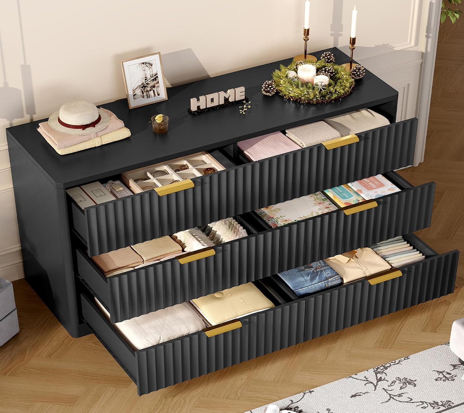 TEENFON Fluted 6 Drawer Dresser for Bedroom, Wide Modern Chest of Drawers with Metal Handle, Curved Profile Design, Wood Closet Clothes Storage Organizer for Bedroom, Living Room, Hallway, Black