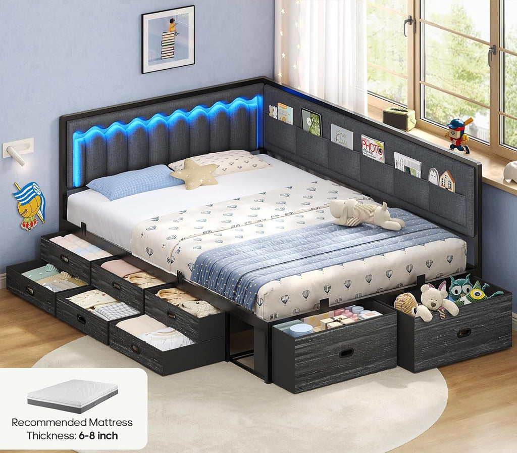 ADORNEVE Full Corner Bed Frame with 8 Drawers, 6 Storage Pockets, Full Daybed with Storage and RGB Wave Lights, Platform Bed with L-Shaped Upholstered Guardrail for Kids Teen,Grey