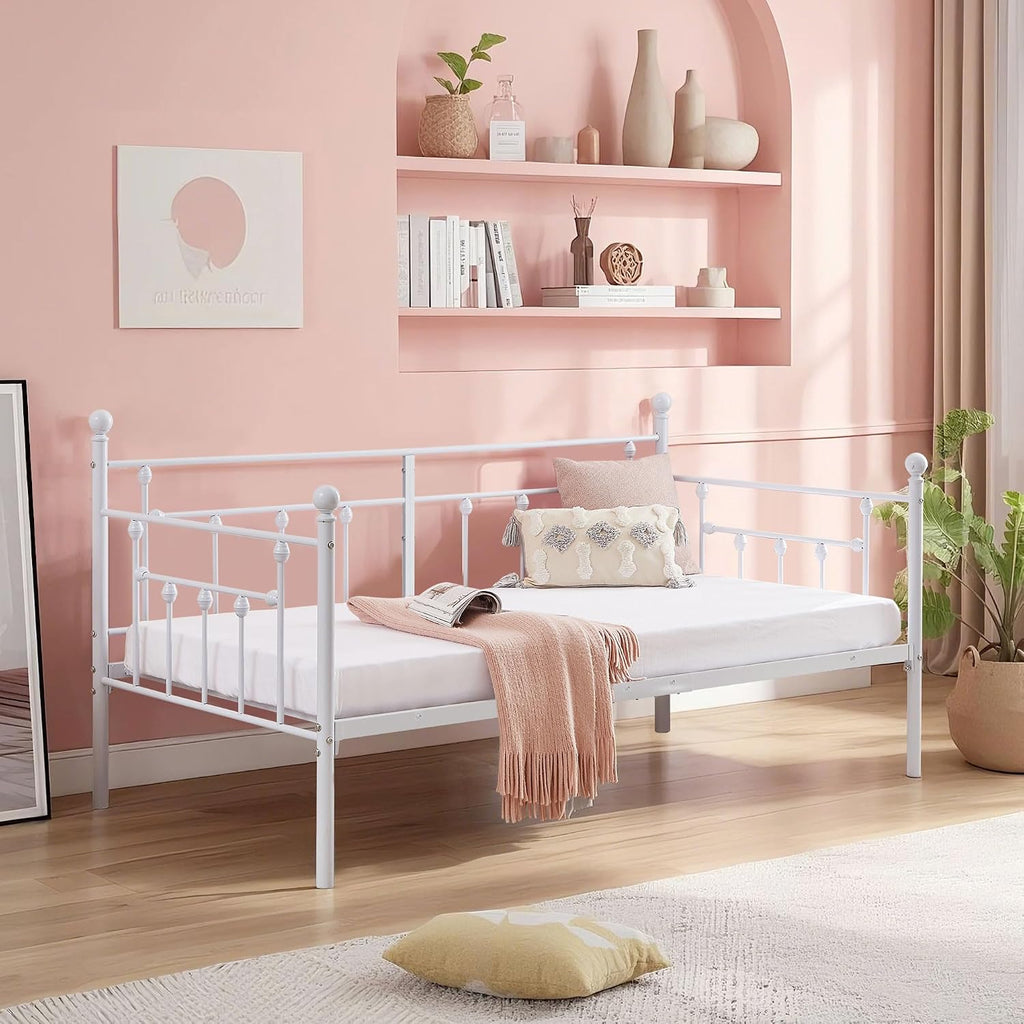 VECELO Daybed Frame, Twin Size Metal Platform Bed with Headboard,Heavy Duty Steel Slats Support for Living Room Bedroom Guest Room, Easy Assembly