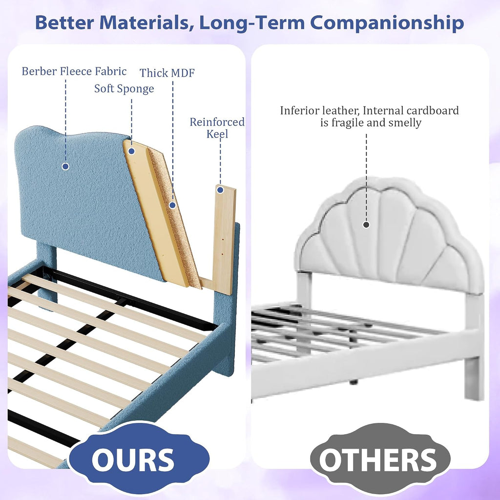 GarveeHome Upholstered Twin XL Size Bed Frame for Kids with Scallop Headboard, Cute Velvet Twin XL Bed for Girls, Boys, Sturdy Platform Bed, No Box Spring Needed, Wooden Slats, Noise Free, Blue