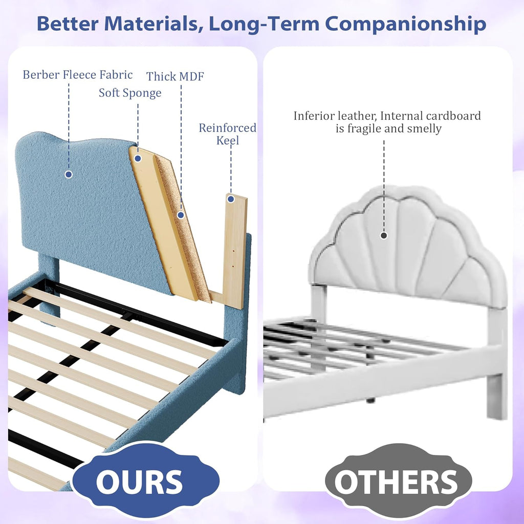 GarveeHome Upholstered Full Size Bed Frame for Kids with Scallop Headboard, Cute Velvet Full Bed for Girls, Boys, Sturdy Platform Bed, No Box Spring Needed, Wooden Slats, Noise Free, Blue