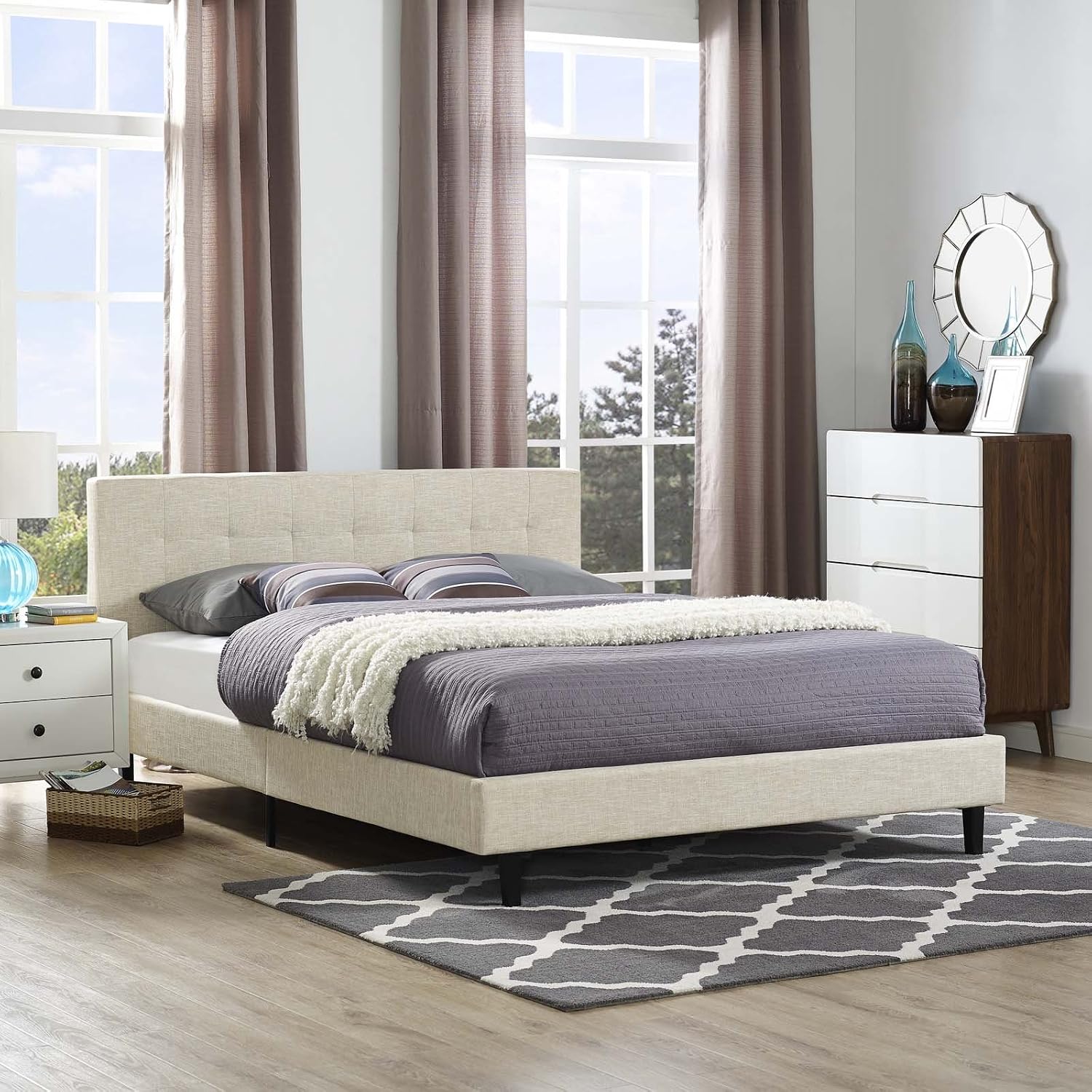 Modway MOD-5424-BEI Linnea Upholstered Beige Full Platform Bed with Wood Slat Support