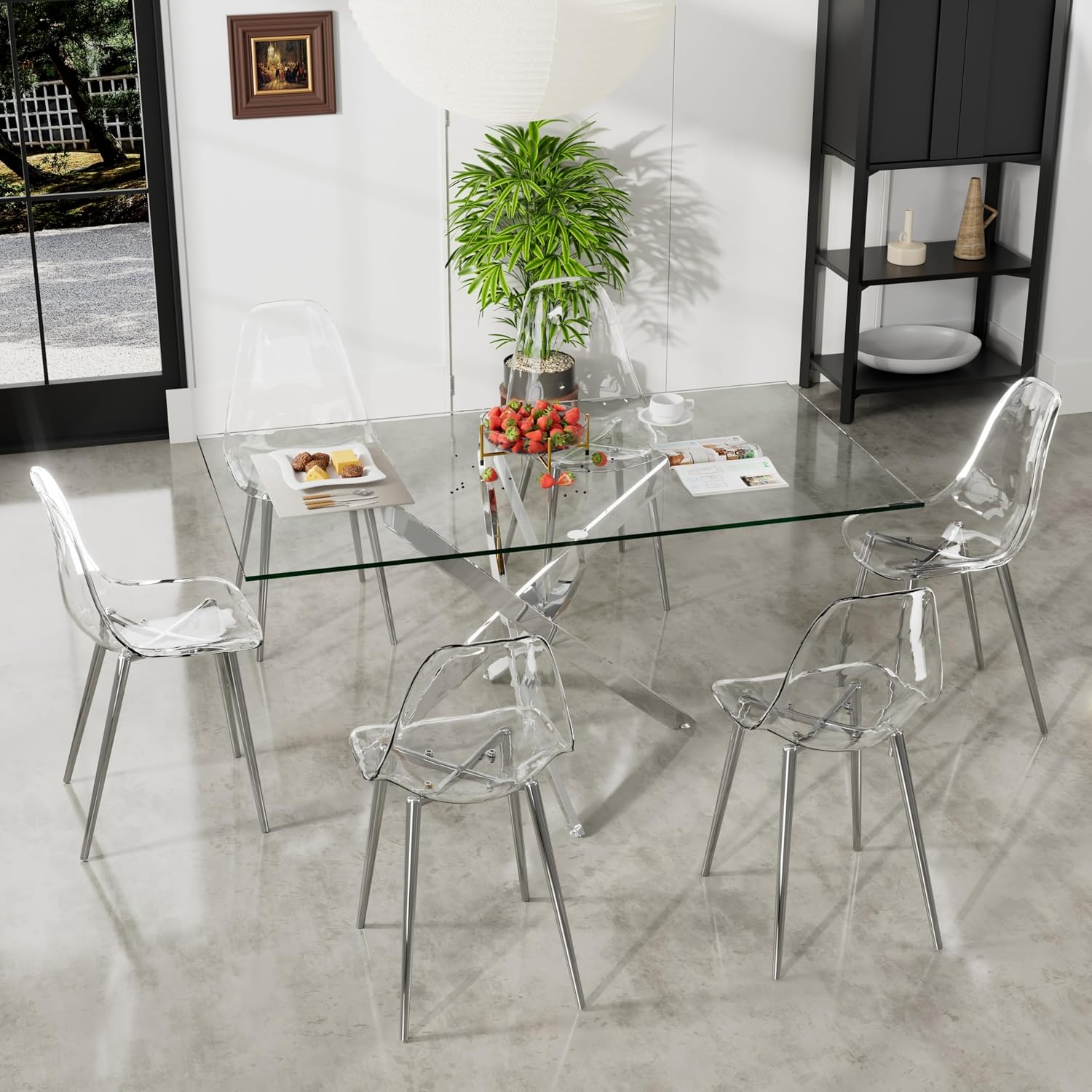 7 Pcs Modern Clear Glass Dining Table Set, 63'' Luxury Rectangular Kitchen Table Set, 6 Person Minimalist Dinner Room Table Set with Clear Acrylic Chair, for Bedroom Large Apartment (Silver)