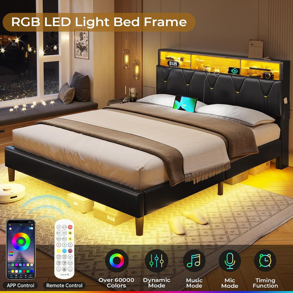 BTHFST Full Size Bed Frame with LED Lights & Charging Station, LED Bed Frame Full Size with Headboard Storage, Faux Leather Upholstered Bed with Shelf Headboard, No Box Spring Needed, Black PU
