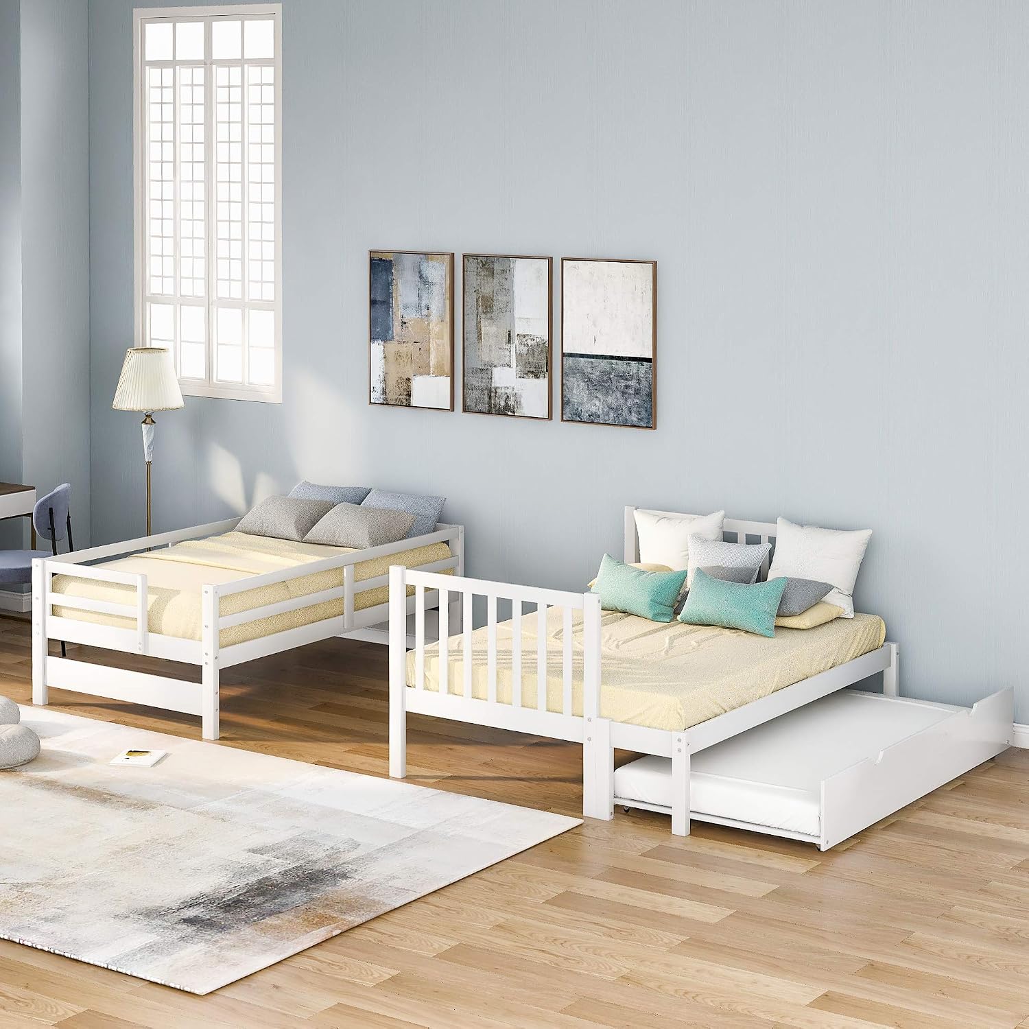 Harper & Bright Designs Stairway Twin Over Full Bunk Bed with Twin Size Trundle and Drawers, Solid Wood Bunk Bed Staircase Can be Placed on The Left or Right Side (White)