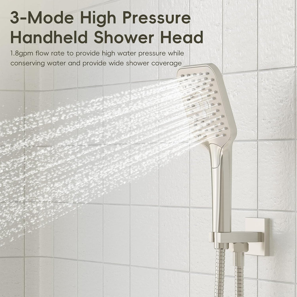 Gabrylly Shower System with Tub Spout, Wall Mounted Tub Shower Faucet Set for Bathroom with High Pressure 10' Rain Shower head and 3-Setting Handheld Shower Head Set,Brushed Nickel