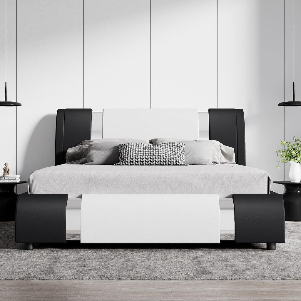 SHA CERLIN Queen Platform Bed Frame with Iron Pieces Decor and Adjustable Headboard/Deluxe Upholstered Modern Bed with Solid Wooden Slats Support/No Box Spring Needed, White with Black Sides