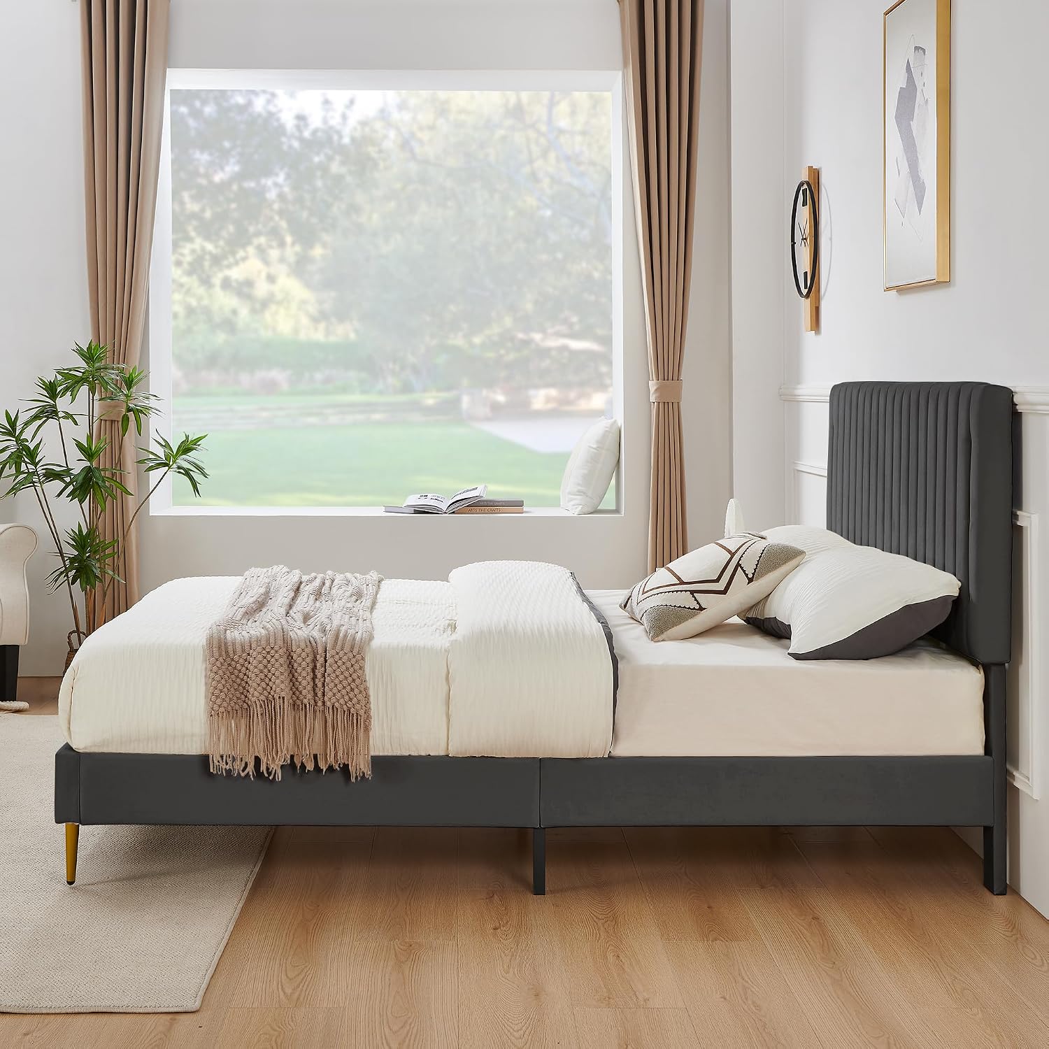 Furnify King Platform Bed Frame, Velvet Upholstered Bedframe with Vertical Channel Adjustable Headboard, Golden Plating Trim, Mattress Foundation with Wooden Slats, No Box Spring Needed, Grey
