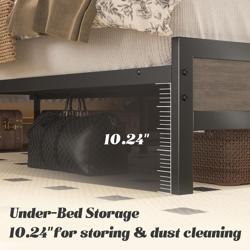 Fluest Queen Bed Frame with Headboard & Footboard, Bed Frame with Built-in Charging Station & LED Light, Storage Shelf, Noise-Free, No Box Spring Needed, Easy Assembly, Rustic Grey